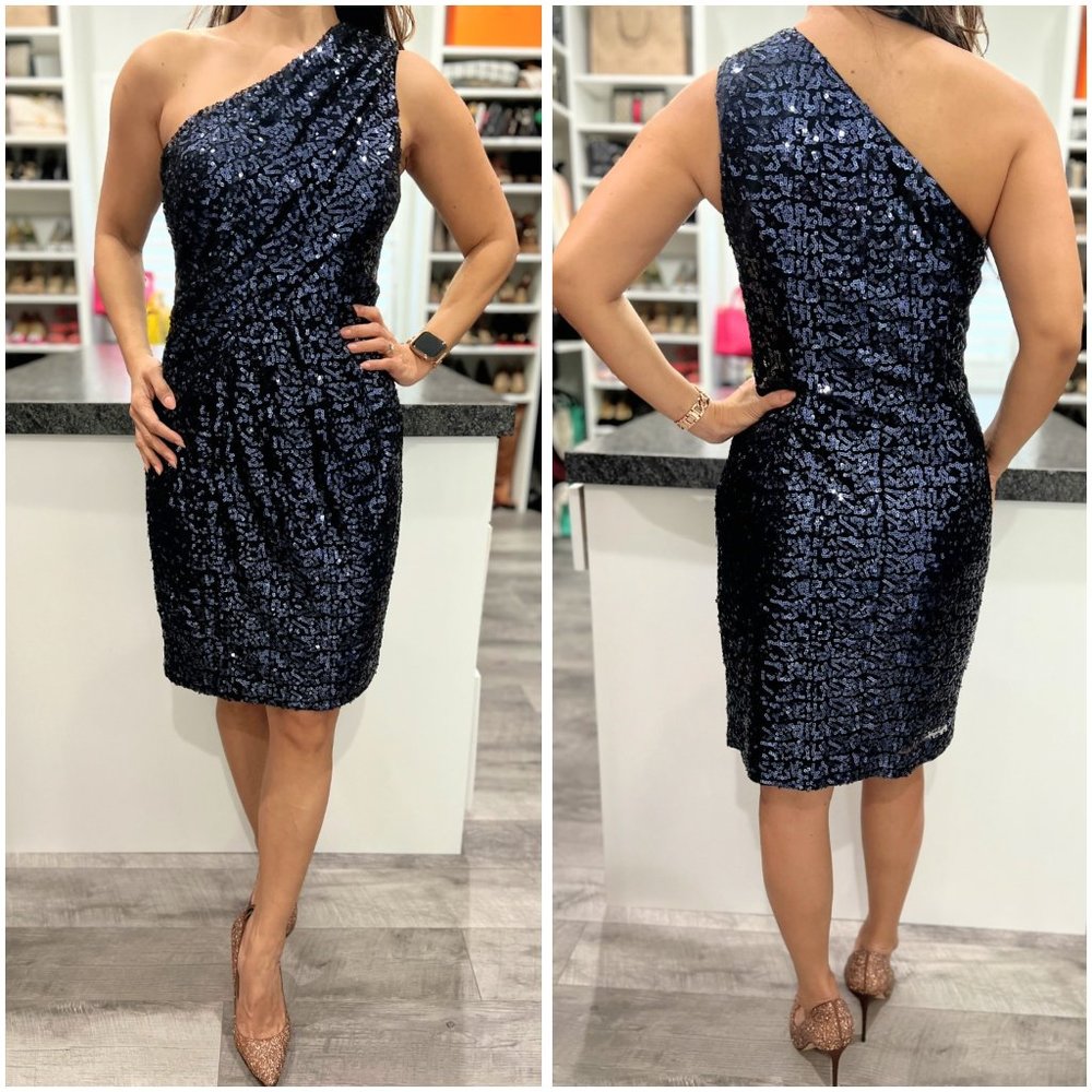 Calvin Klein Navy Blue Sequined One Shoulder Dress $149